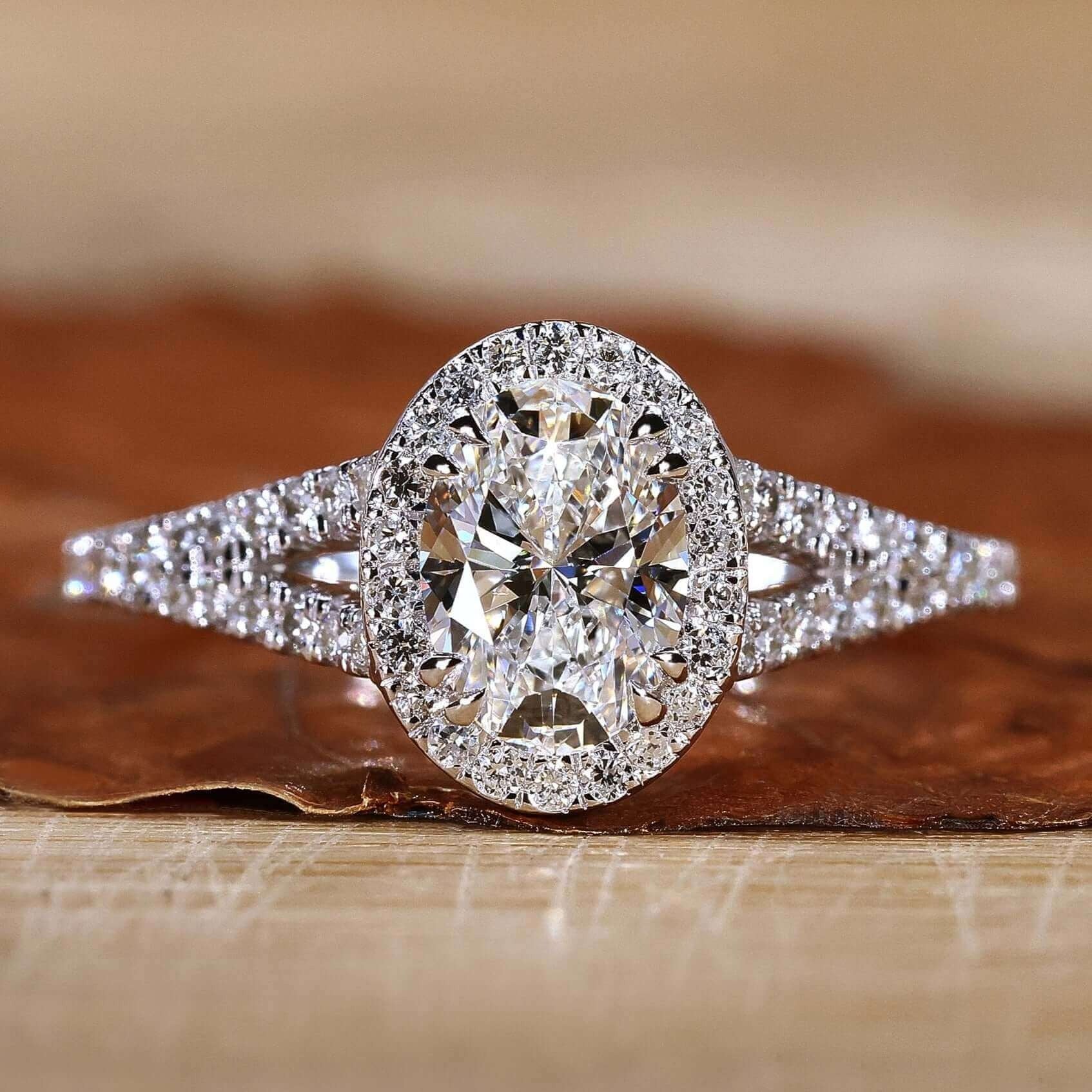 Oval Cut Lab Grown White Color Diamond Halo Engagement Gold Ring Shree Diamond Mfg